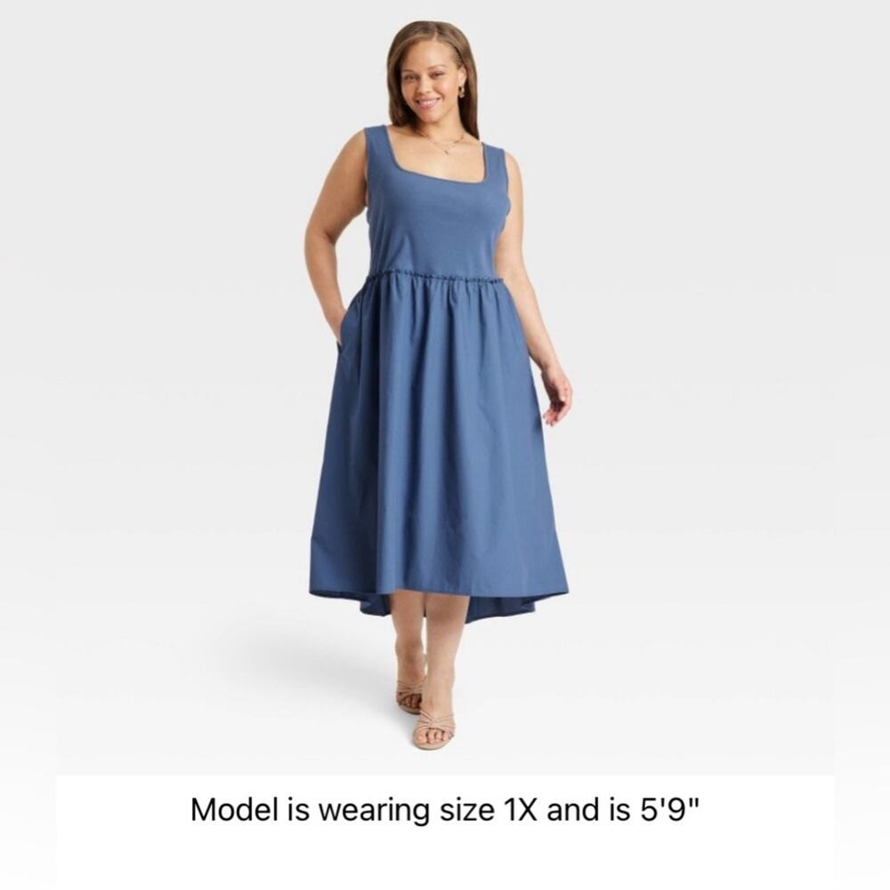 Ballet Midi Dress Blue Ribbed Square Neck Stretch XXL A New Day NWT